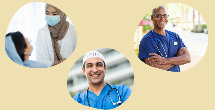 Left to right. Bubble 1 shows Muslim female doctor treating patient. Bubble 2 shows Muslim male nurse, Bubble 3 shows Muslim male nurse smiling crossed arms.