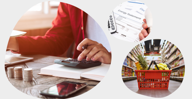 left to right: Bubble 1 shows person calculating finances. Bubble 2 shows energy statements , calculator and hand holding a lightbulb. Bubble 3 shows grocery basket in supermarket.