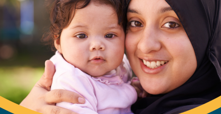 Maternity Equity and Equality project image shows smiling mother with hijab holding her child