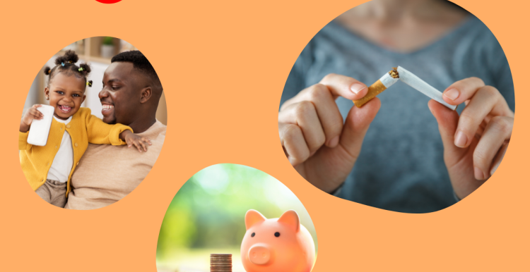 Stoptober banner. Bubble 1 shows father and daughter smiling. Bubble 2 shows a piggy bank with coins beside. Bubble 3 shows a woman snapping a cigarette in two. 