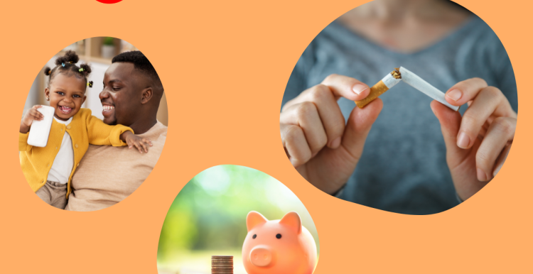 Stoptober banner. Bubble 1 shows father and daughter smiling. Bubble 2 shows a piggy bank with coins beside. Bubble 3 shows a woman snapping a cigarette in two.