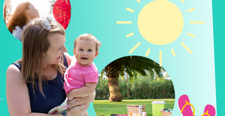Summer infographic to cope with hot weather. Mum and baby. Picnic. Woman fanning herself.