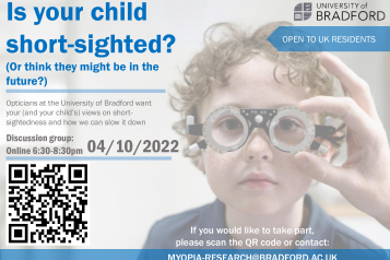 Myopia Management flyer for a focus group, child wearing oculus frames