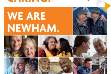Carers Festival Poster created by Newham Council, displays happy faces of people being cared
