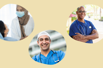 Left to right. Bubble 1 shows Muslim female doctor treating patient. Bubble 2 shows Muslim male nurse, Bubble 3 shows Muslim male nurse smiling crossed arms.