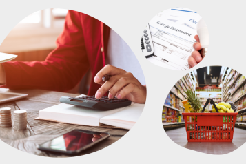 left to right: Bubble 1 shows person calculating finances. Bubble 2 shows energy statements , calculator and hand holding a lightbulb. Bubble 3 shows grocery basket in supermarket.