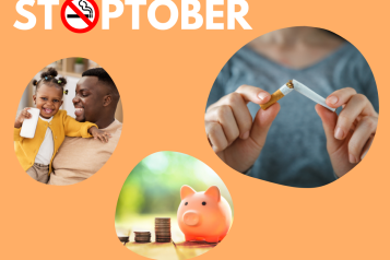 Stoptober banner. Bubble 1 shows father and daughter smiling. Bubble 2 shows a piggy bank with coins beside. Bubble 3 shows a woman snapping a cigarette in two. 