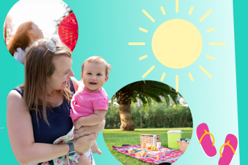 Summer infographic to cope with hot weather. Mum and baby. Picnic. Woman fanning herself. 