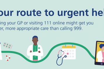 NHS Urgent Care Campaign. Left to right, prescription list and medication, doctor, calendar and stethoscope, doctor on mobile phone talking.